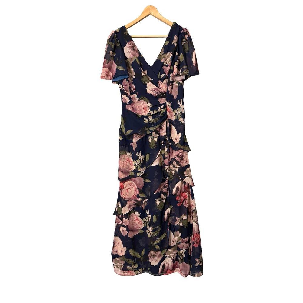 Xscape Women 12 Navy Blue Floral Chiffon Ruched Tiered Ruffle Gown 4959X - Picture 2 of 8